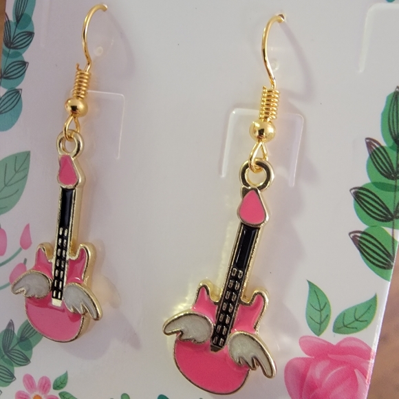 *2 for $13* Pink Electric Bass Guitar 🎸 Music Lover Gold-Tone Earrings - Picture 5 of 5